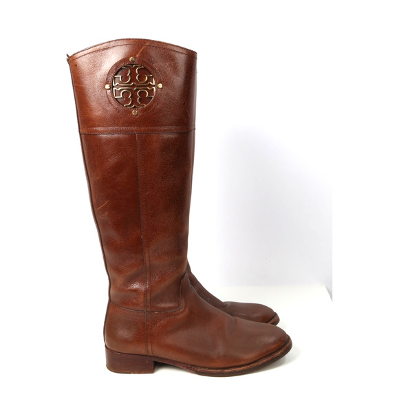 TORY BURCH Kiernan Riding Brown Leather Logo Knee High Boots Size 7M - Picture 9 of 16